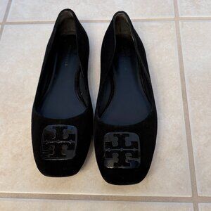 Tori Burch Black Suede Flats with Signature Logo women's size 7